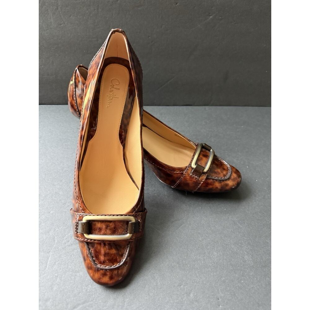 Cole Haan Sydney Leather Tortoise Shell Pumps Square Toe Big Buckle Shoes 9.5B